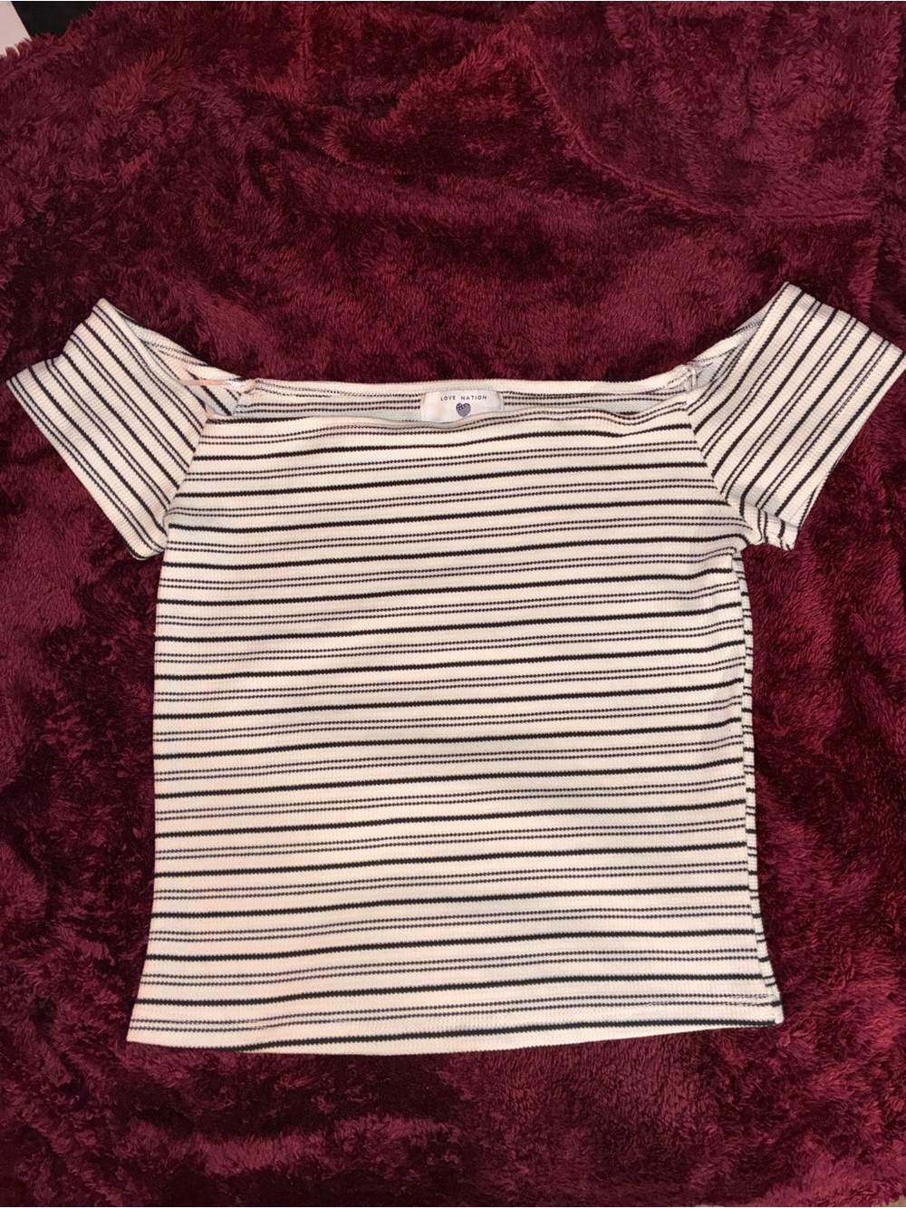 Love Nation Off-Shoulder Crop Top in White and Black Stripes